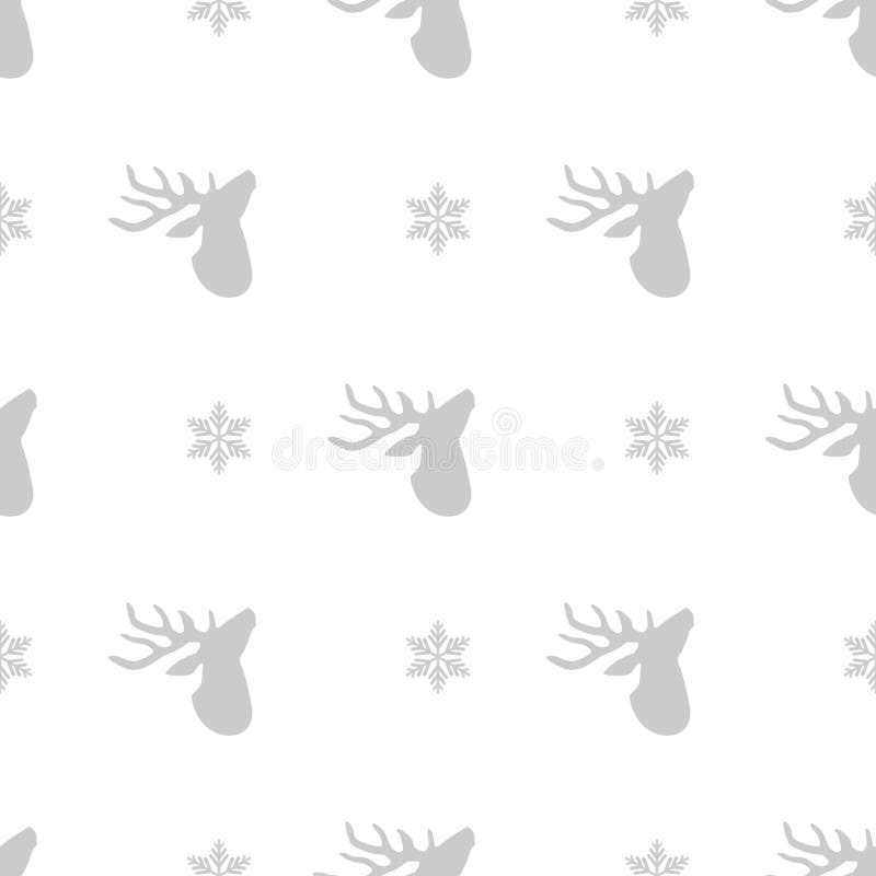 Seamless winter pattern with silver grey snowflakes and deers with antlers