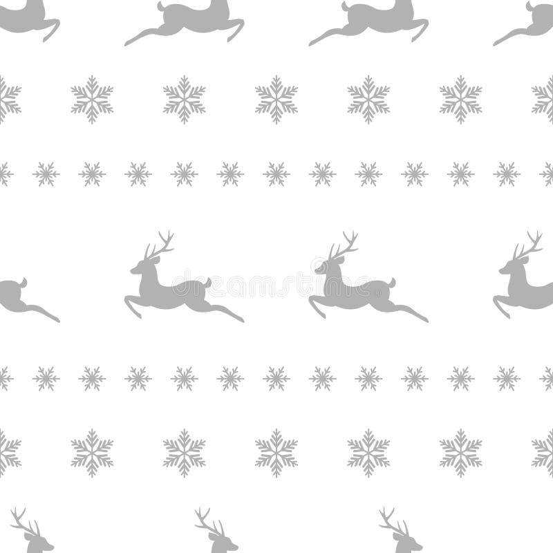 Seamless winter pattern with silver grey snowflakes and deers with antlers