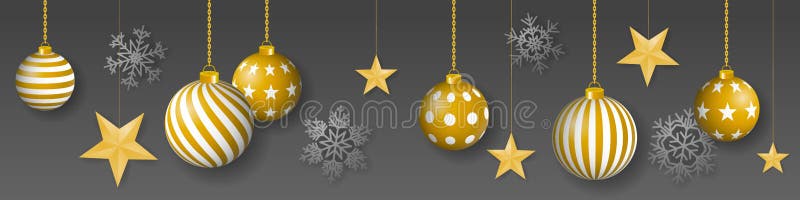 Seamless winter vector with hanging gold colored decorated christmas ornaments, golden stars and snowflakes on gray background