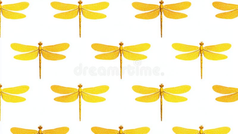 Seamless Yellow Dragonfly Pattern in Flat Design on White Background vector illustration
