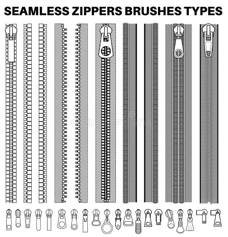 Seamless Zippers with Puller Flat Sketch Vector Illustrator Brush Set  Different Types of Zip for Fasteners Dresses Garments Stock Vector   Illustration of puller flat 216022292