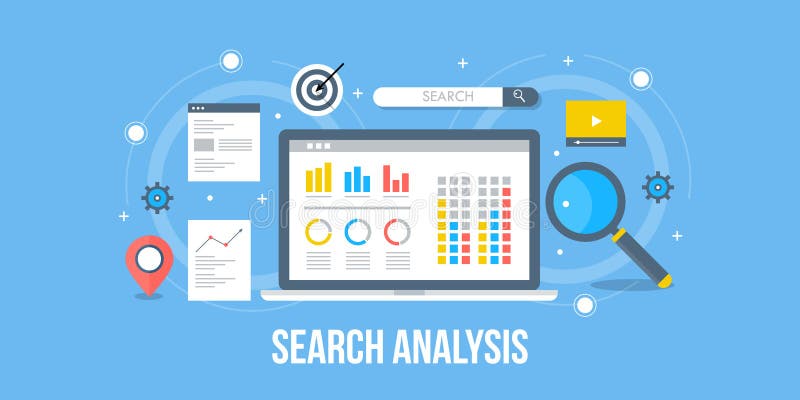 Search analysis -Search for business analysis - search for marketing information. Flat design analytic banner. royalty free illustration Search analysis -Search for business analysis - search for marketing information. Flat design analytic banner. royalty free illustration