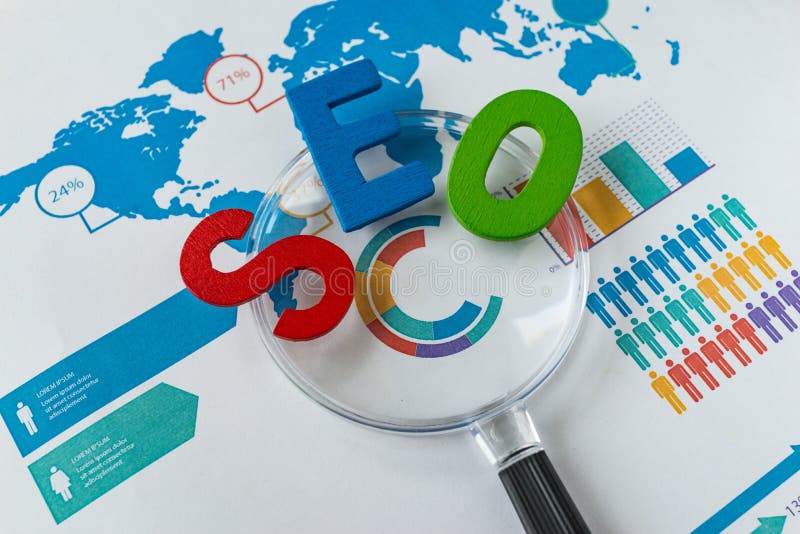 Search engine optimization concept as colorful alphabet abbreviation SEO on magnification glass on printed analysis chart and royalty free stock photo Search engine optimization concept as colorful alphabet abbreviation SEO on magnification glass on printed analysis chart and royalty free stock photo