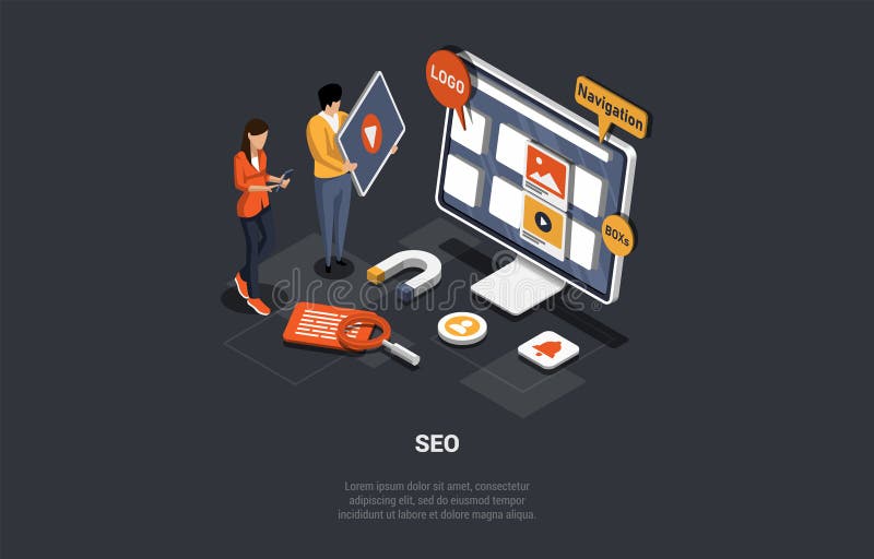 Search Engine Rank, Seo Optimization, SEO Digital Marketing. Seo Marketing And Analytics, Online Ranking Result. Man And stock illustration