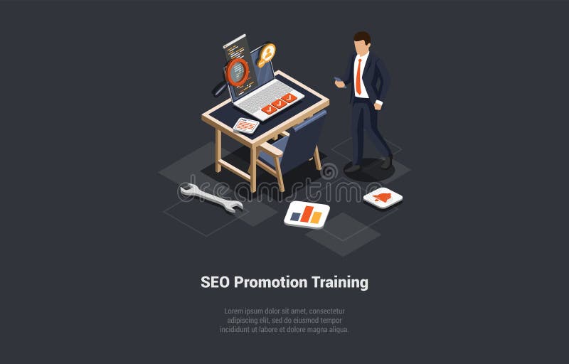 Search Engine Rank, SEO Optimization, Digital Marketing. Marketing And Analytics, Online Ranking Result. Man Work In vector illustration