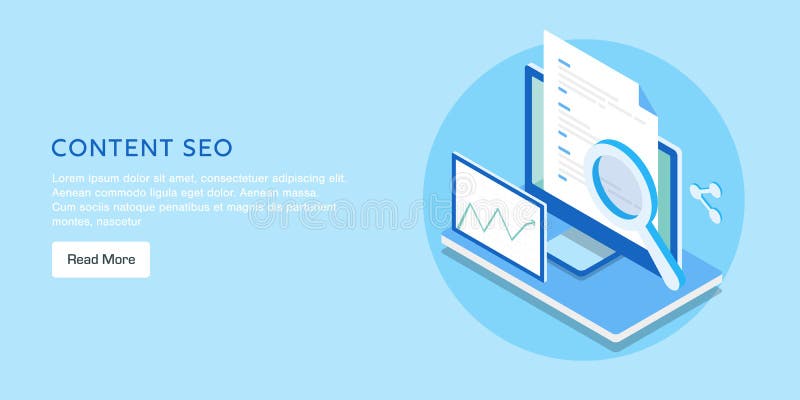 Flat isometric design concept of content management, seo, digital marketing vector web banner. stock illustration