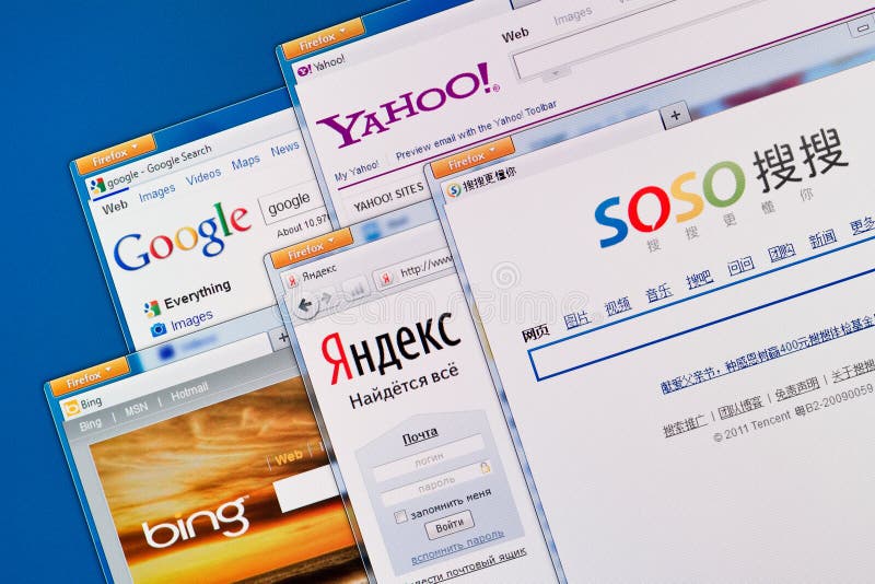 Kiev, Ukraine - June 13, 2011 - Search engine web sites on a computer screen, including Google, Yahoo, Bing, Yandex and Soso. These search engine web sites the most visited and popular in the world.