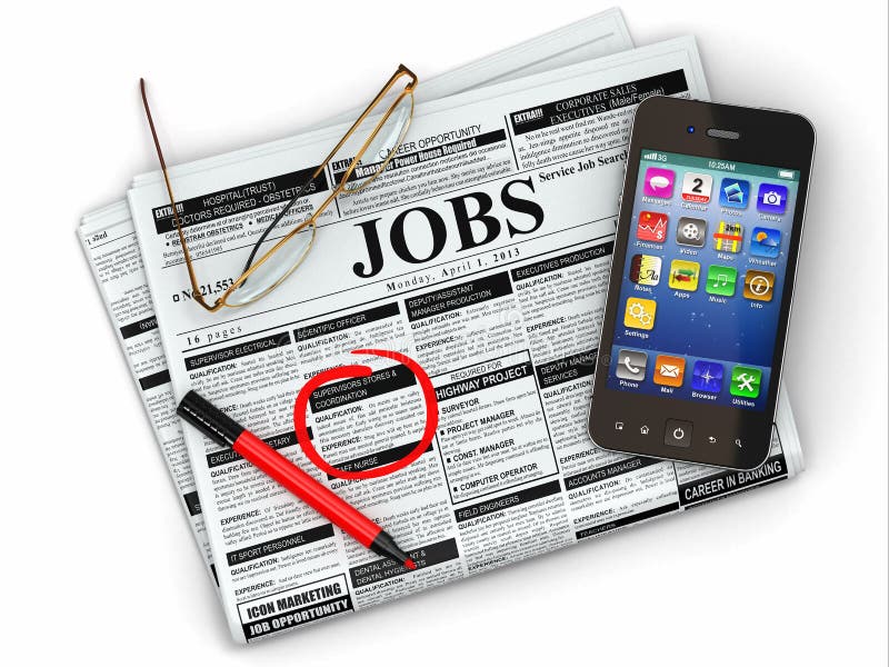 Search job. Newspaper with advertisments, glasses and mobile.