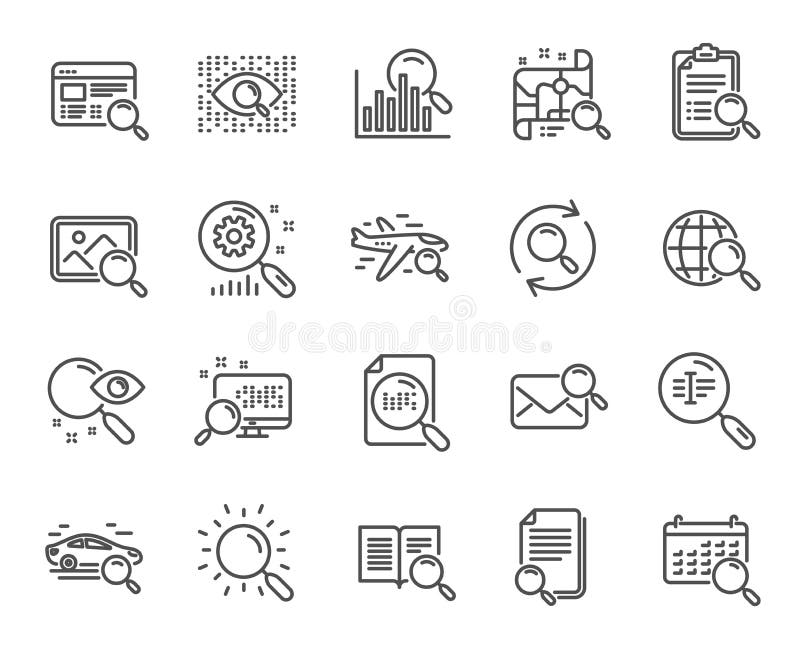 Search line icons. Set of Indexation, Artificial intelligence and Car rental. Vector stock illustration
