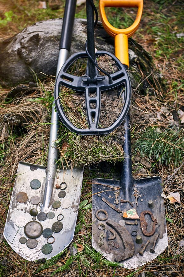 Search for Treasure Using a Metal Detector and Shovel Stock Image