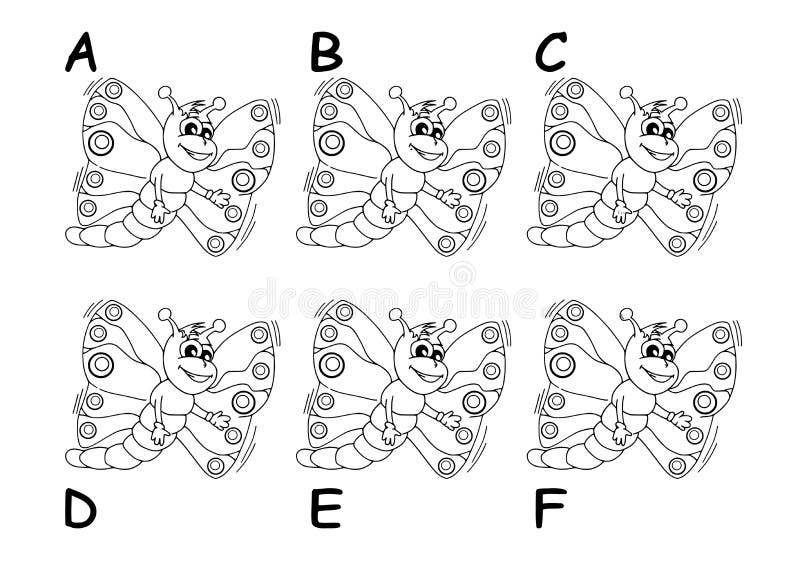 Search the twins between six cartoon butterflies, insect, isolated. stock illustration
