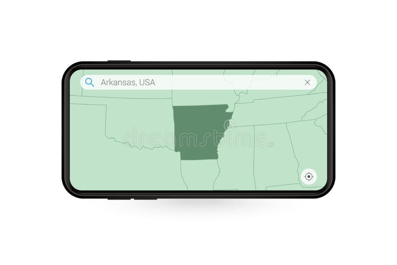 Searching Map of Arkansas in Smartphone Map Application. Map of