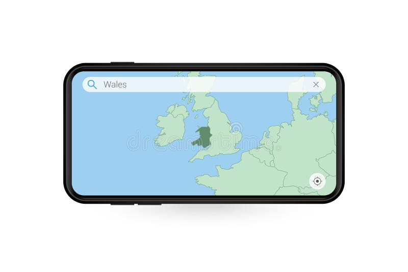 Searching Map of Wales in Smartphone Map Application. Map of Wales in
