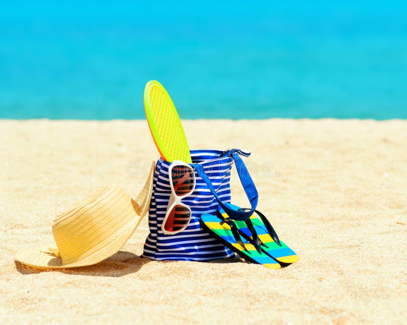 Beach accessories. Concept of summer vacations