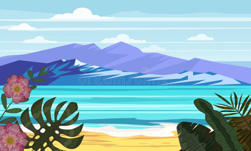 Seascape beach landscape ocean - Exotic plants leaves. Sun and clouds. Trendy design vector illustration banner.