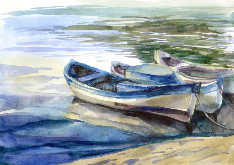 Seascape da aquarela com barcos ilustração stock Seascape da aquarela com barcos ilustração stock