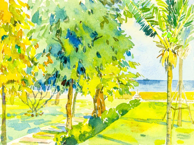 Seascape da pintura colorido do mar e jardim verde e emoção ilustração stock Seascape da pintura colorido do mar e jardim verde e emoção ilustração stock
