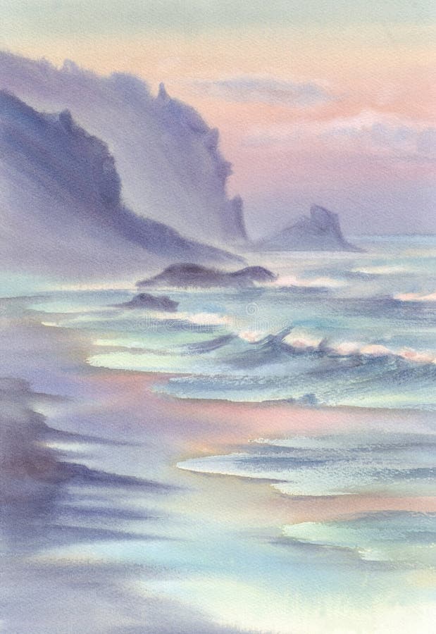 Seascape med bergvattenfärgen vektor illustrationer Seascape med bergvattenfärgen vektor illustrationer