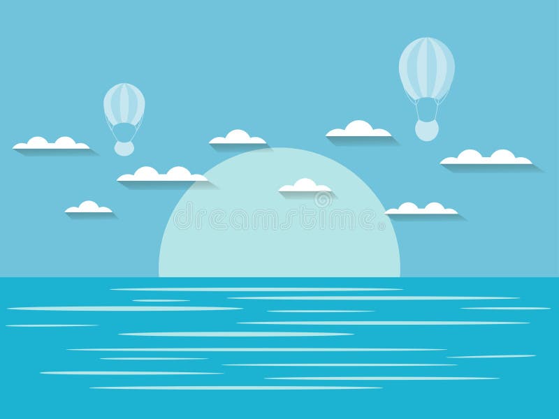 Seascape med moln och ballongen för varm luft Blått- och vitfärg vektor vektor illustrationer Seascape med moln och ballongen för varm luft Blått- och vitfärg vektor vektor illustrationer