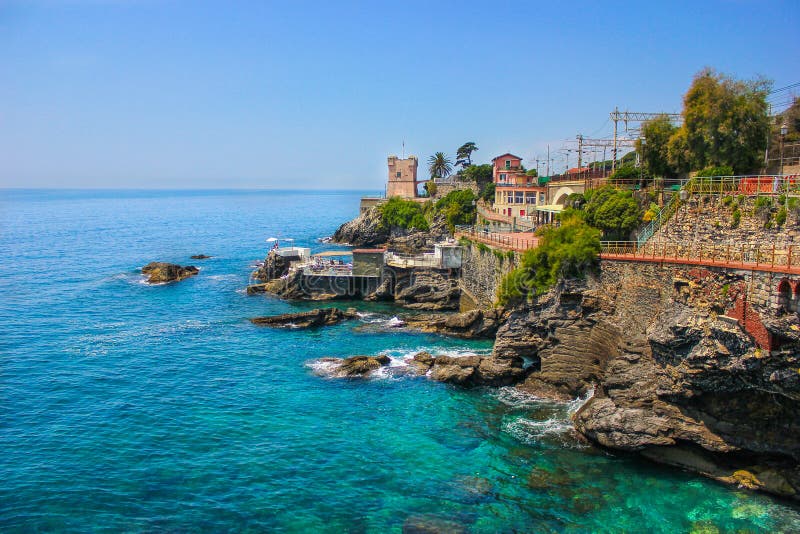 Seascape with the Mediterranean rocky coastline and promenade at Genoa Nervi