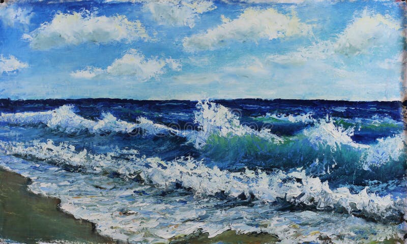 Originál olejomaľby seascape, vlny mora, modré nebo, mraky, na plátno.