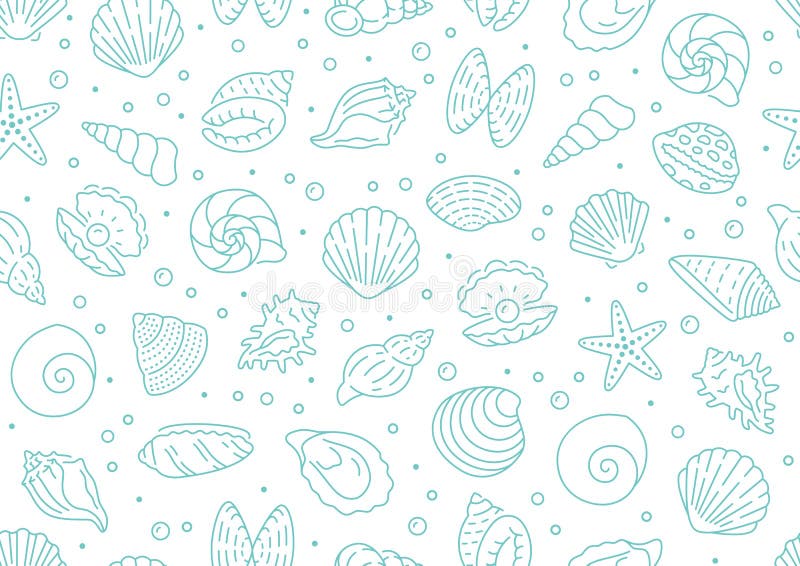 Seashell seamless pattern. Vector background included line icons as ocean sea shells, scallop, starfish, clam, oyster