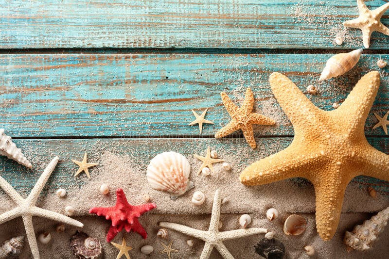 Seashell, Starfish and Beach Sand on Blue Wooden Background. Summer Holiday  Concept Stock Image - Image of holiday, shell: 179001141