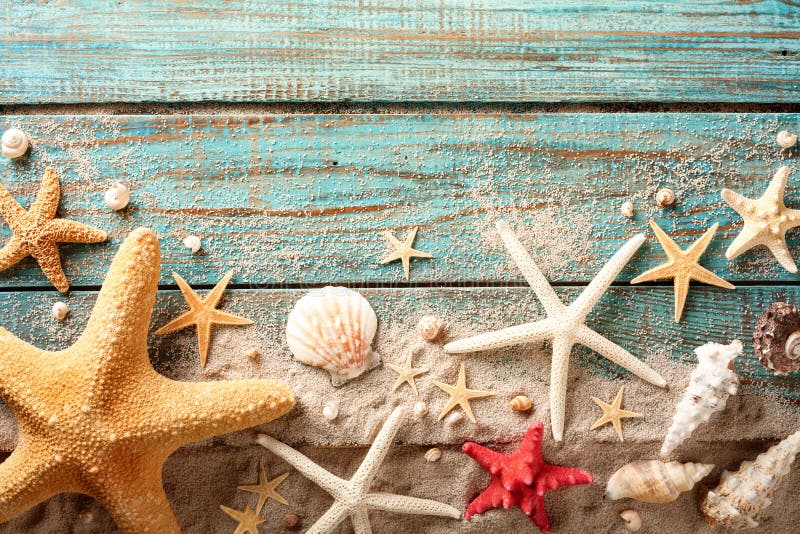 Seashell, Starfish and Beach Sand on Blue Wooden Background. Summer Holiday  Concept Stock Photo - Image of shell, life: 179004540