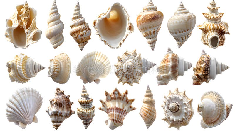 Seashell Symphony: A collection of beautifully diverse seashells, showcasing a range of intricate shapes, textures, and colors stock images