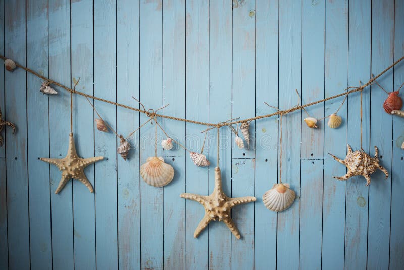 Seashells on blue boards vacation holiday