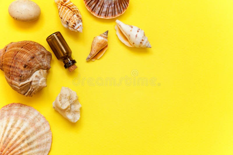 Download Seashells And Glass Bottle On A Yellow Background Stock Photo Image Of Seascape Starfish 115688060 Yellowimages Mockups