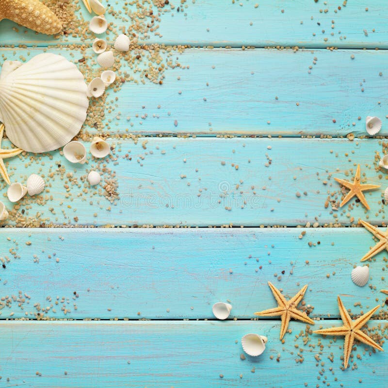 Summer seashells on wooden background