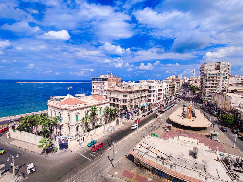 City Overview Seashore with Sky Cloud Rocks in Alexandria Egypt