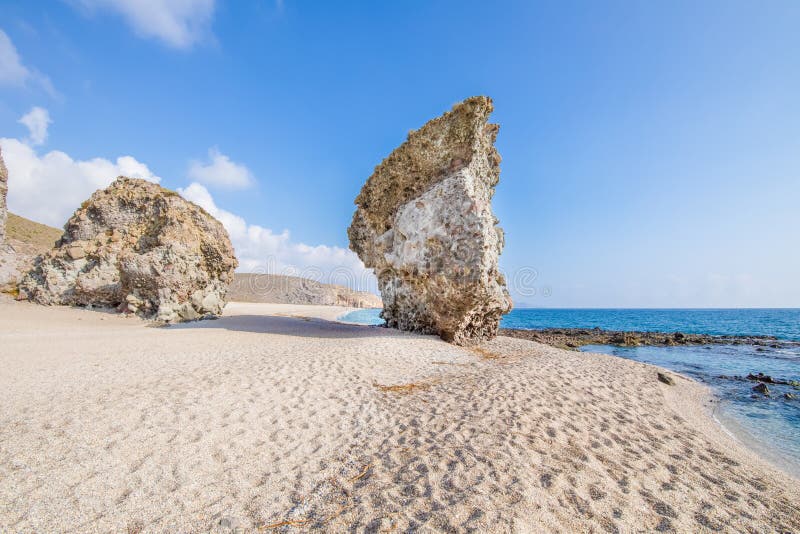 Seaside and great rock in Beach of the Dead People in Cabo de Gata Almeria