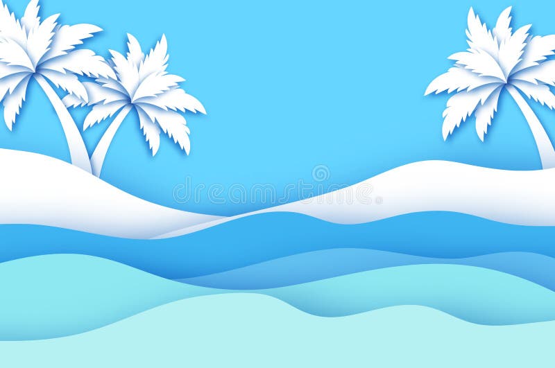 Seaside landscape in paper cut style. Nobody under the palms tree on Seashore. Origami layered. Waves. Time to travel