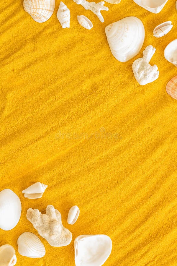 Seaside pattern with shells frame on yellow sand background top view mock up royalty free stock photo