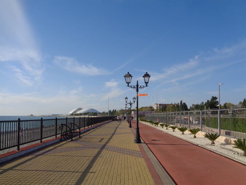Seaside promenade with lanterns and bicycle path, Sochi, Russia stock image Seaside promenade with lanterns and bicycle path, Sochi, Russia stock image