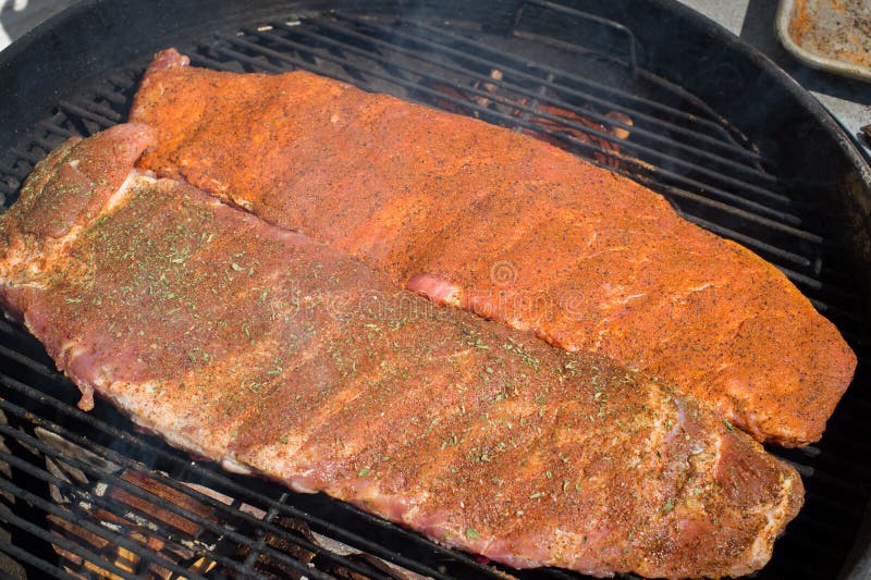 Raw Seasoned Ribs Cooking on the Grill Stock Image Image of green