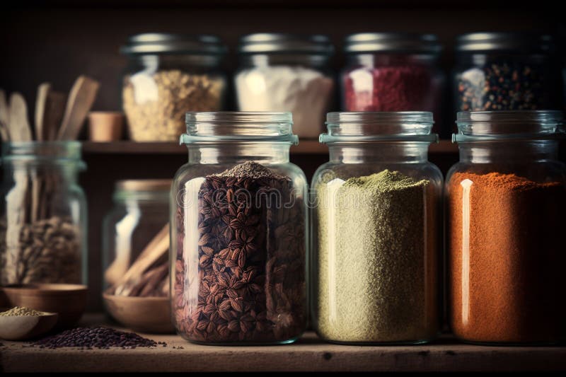 A large collection of multi colored spice jars on wooden shelf generated by  AI 25493552 Stock Photo at Vecteezy