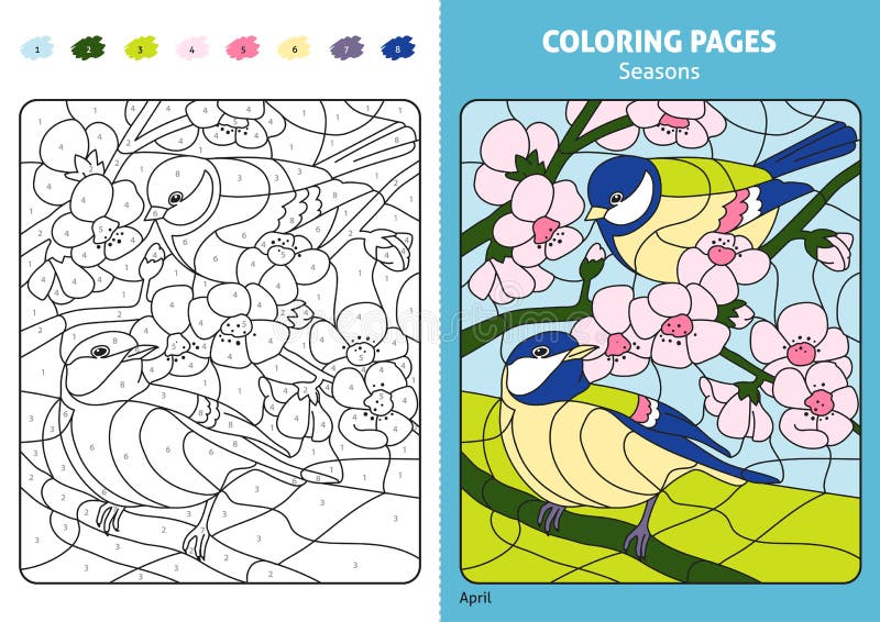 Seasons coloring page for kids, april month.