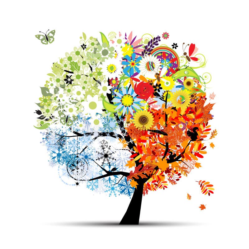 Seasons - spring, summer, autumn, winter. Art tree