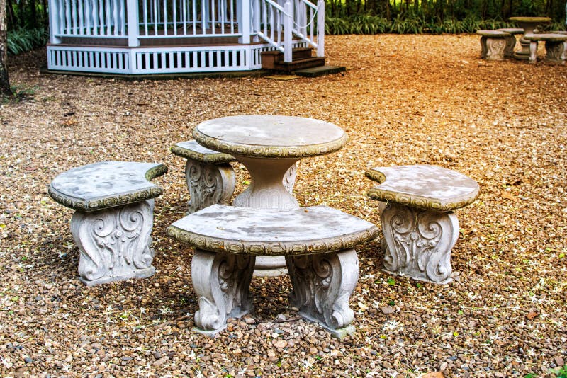 Seat and Table Cement Bench in a Park Setting Stock Photo Image of