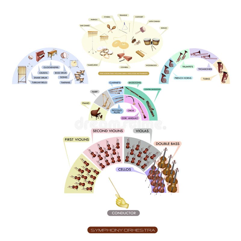 Illustrazione di Raccolta delle Diverse Sezioni di Strumento Musicale per la Philharmonia Orchestra Sinfonica di Piani posti a Sedere.