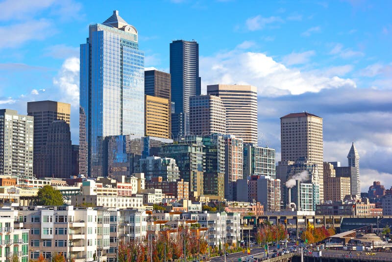 Seattle city skyline at sunset in autumn. stock image