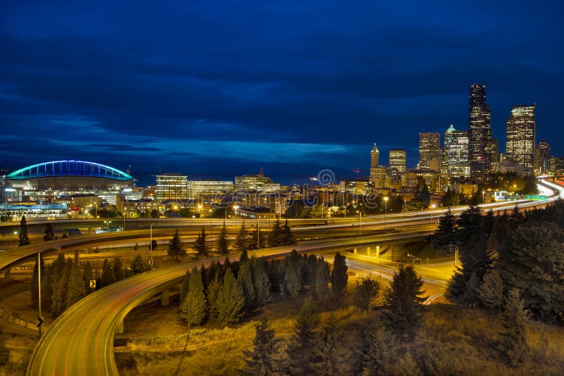 Seattle Downtown Skyline and Freeway at Twilight stock images