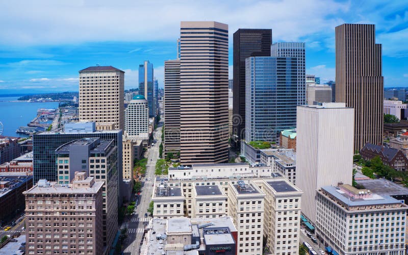 Seattle Downtown from Smith Tower. Bright light on a sunny day stock image