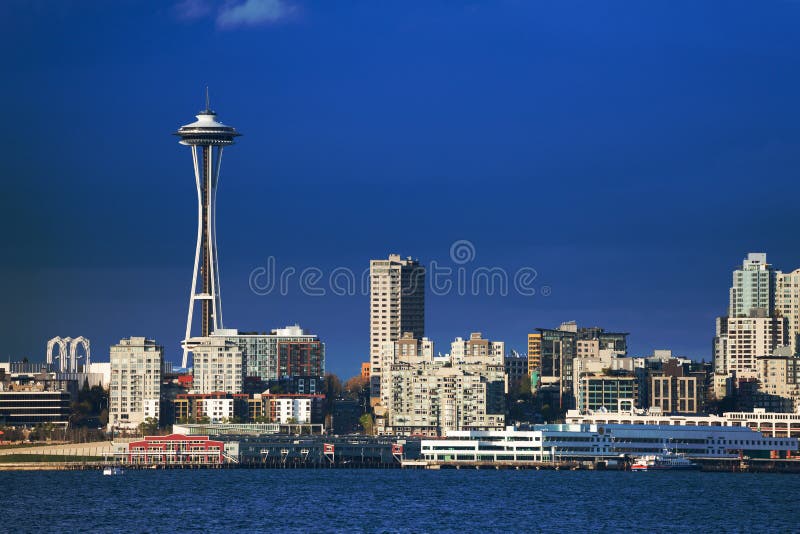Seattle downtown waterfront view with space needle royalty free stock photography