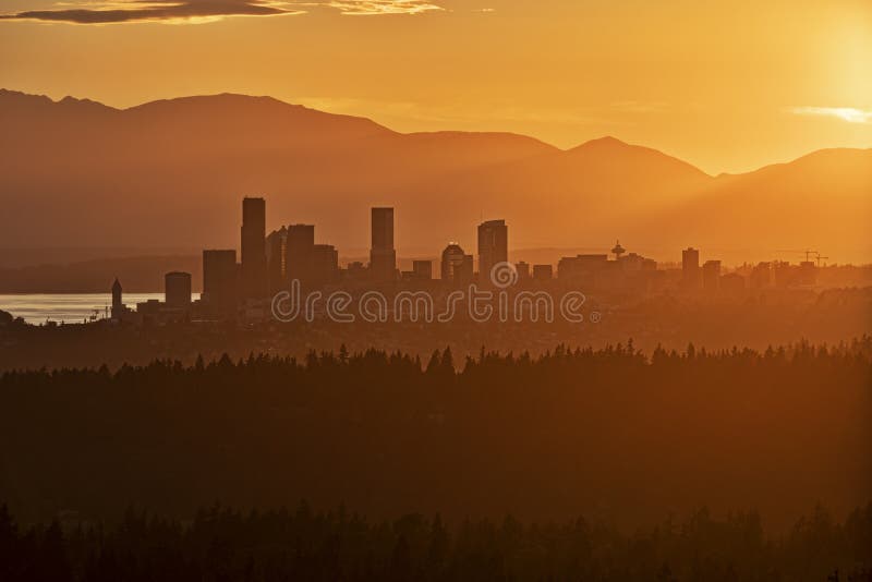 Amazing View of Seattle from Far Away with Mountain Tops on the Horizon Stock Photo Image of