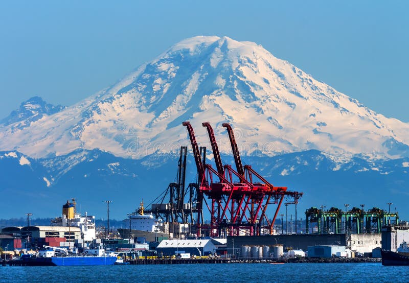 Seattle Port Red Cranes Mt Rainier Washington stock photo Seattle Port Red Cranes Mt Rainier Washington stock photo