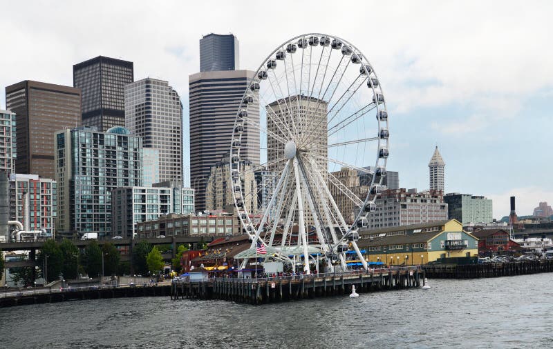 Seattle Skyline and the Big Wheel on the Waterfront. Editorial